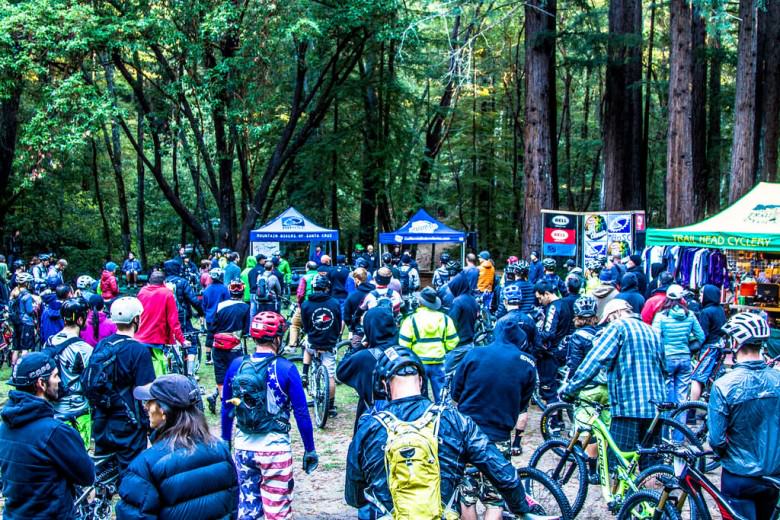 The 8 am riders meeting brought out the parkas and puffy jackets as riders shivered in the gullies atop the Santa Cruz Mountains. Photo: Called to Creation.