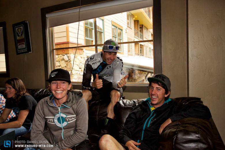 Jared Graves hanging out with Yeti teammates Rosara Joseph and Joey Schusler at the EWS after party. 