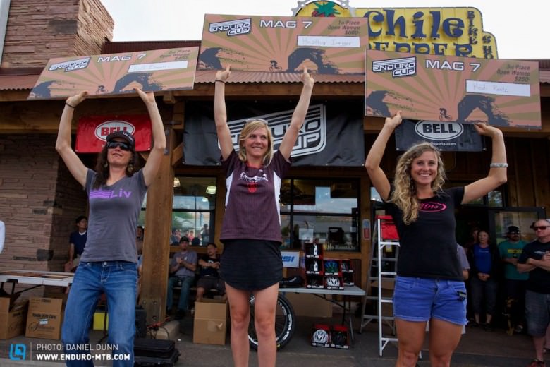 Women's podium in 2013, in front of local Moab, UT shop and sponsor, Chile Pepper Bikes. 