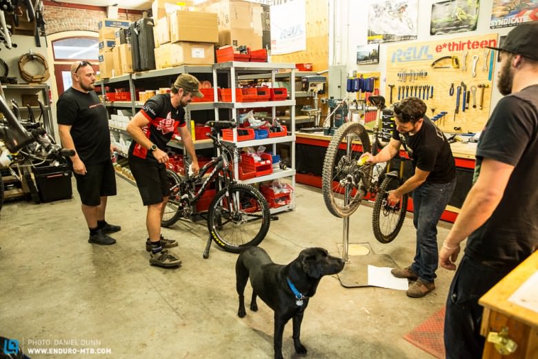 Getting ready for a ride.  With a full shop, one component or another is changed for every ride. Constantly testing. The German team visited just in time to see the American Enduro MTB Magazine crew.