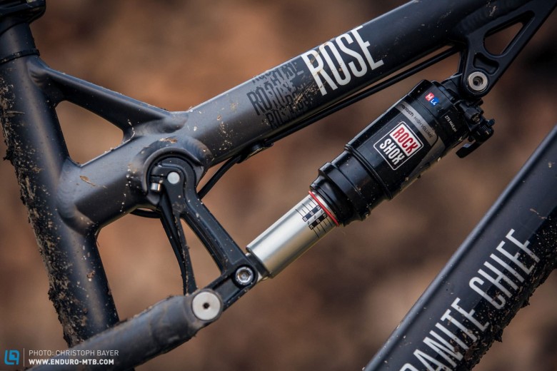 The RockShox Monarch shock is strongly progressive at the end of its travel and should be run with 25% sag to make it responsive and allow the bike to get the most out of the travel.