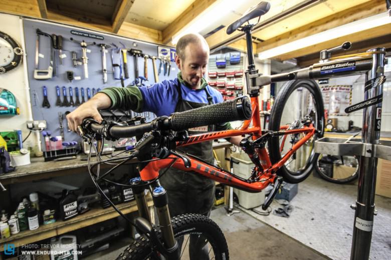 Innerleithen and Glentress have well equipped stores and  workshops.   Alpine Bikes mechanic Nic is well used to dealing with racers bikes!