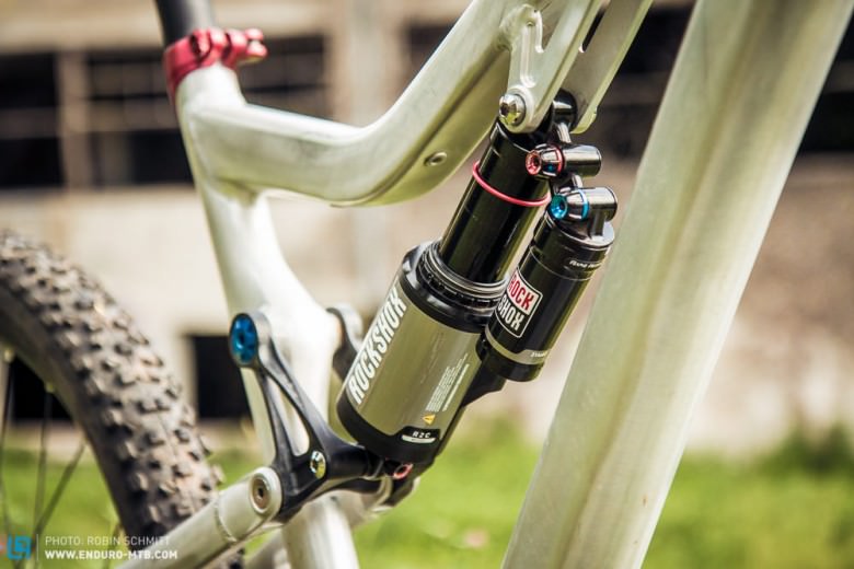 A massive RockShox Vivid Air shock in the rear; this setup should provide great downhill performance.