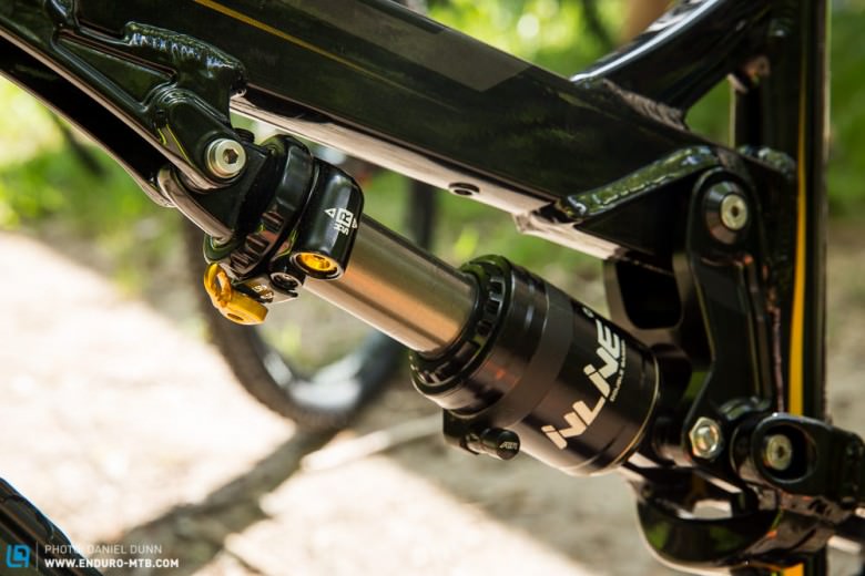 Cane Creek DBinline, aboard NukeProof Mega AM Trail, complete with "Four-Way Independent Adjustability."