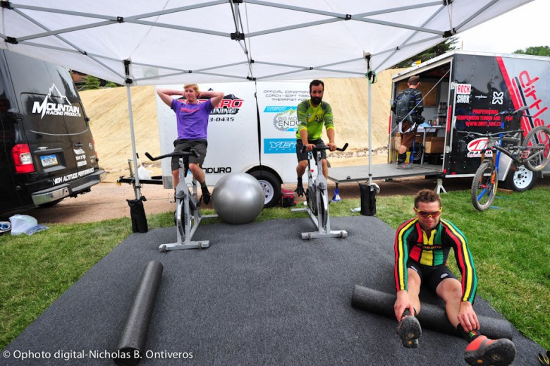 In between stages, many racers took advantage of foam rollers and spin bikes at Dee Tidwell's Enduro MTB Training tent. 