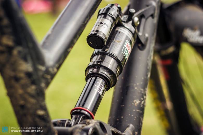 The Monarch Plus shock has the new black coating, but the team are still waiting for the Debonair version.  All 3 on the team run 4 volume spacers in the shock to boost progressiveness at race speeds!