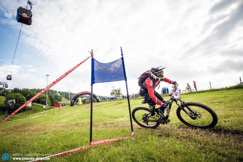 A classic slalom course down a meadow - the prologue was great fun for riders and spectators 