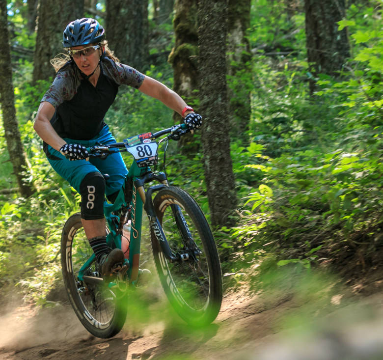 Kathy Pruitt, Demo Director for Juliana Bicycles, and former pro downhiller, took the win in Hood River aboard the recently released Roubion. Photo: Dennis Yuroshek.