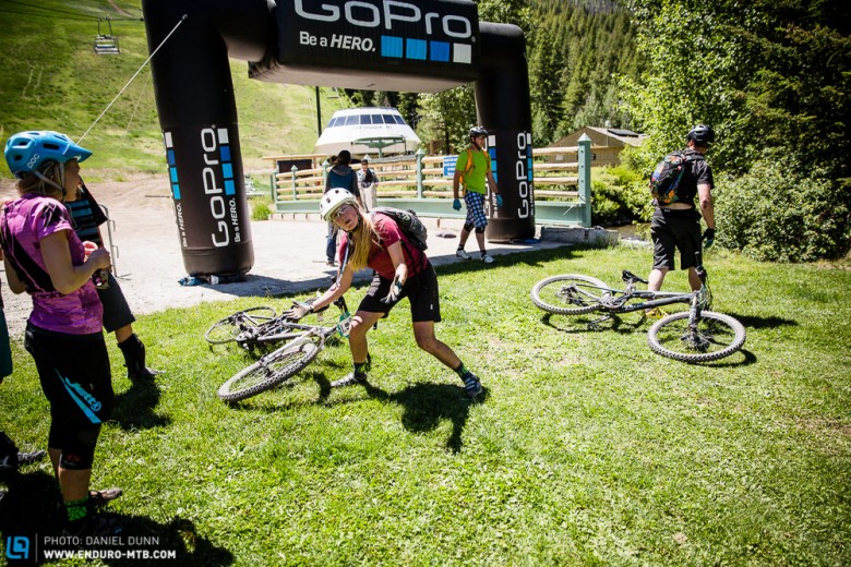 After doing her best Aaron Gwin impression, and riding the rim down, Simone Kastner pleaded with her tire, "Why did you go flat?"