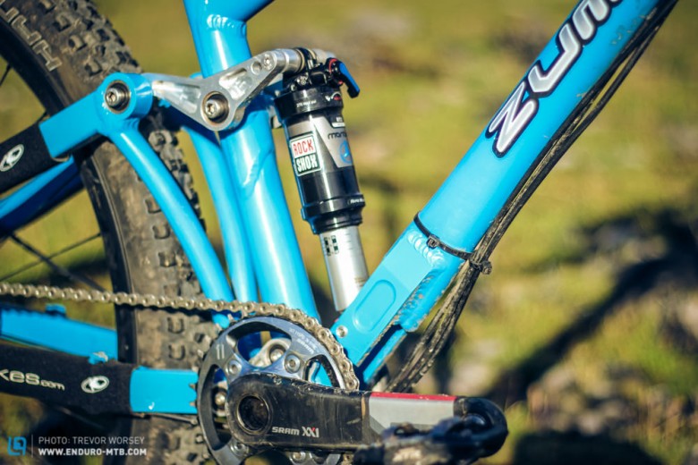 The Monarch RC3 shock is dropped into the frame to keep the centre of gravity low.