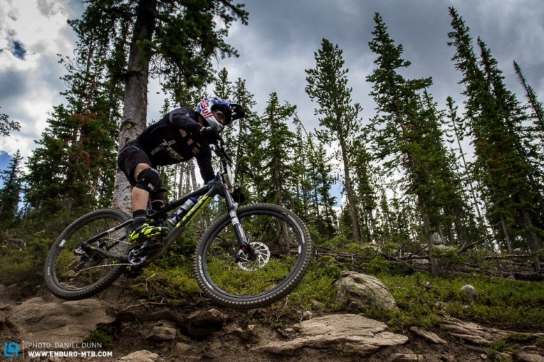 Rene Wildhaber, riding his unreleased carbon Trek Slash on Stage 2, here on the run “Trestle Downhill.”