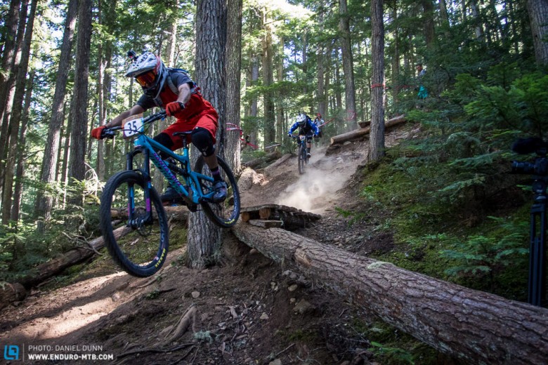 Stage 1 was the most gentle of the 5 stages held in Whistler, but the steepness of the trail was an eye opener, and a warning to racers that they weren't in Kansas anymore. Iago Garay being hunted down by Carlson. 