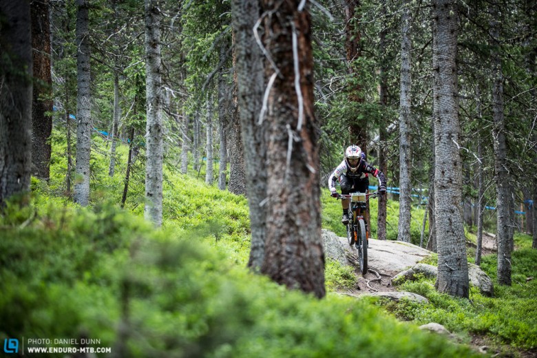 Tracy Moseley racing in Winter Park during the EWS round in Colorado. 