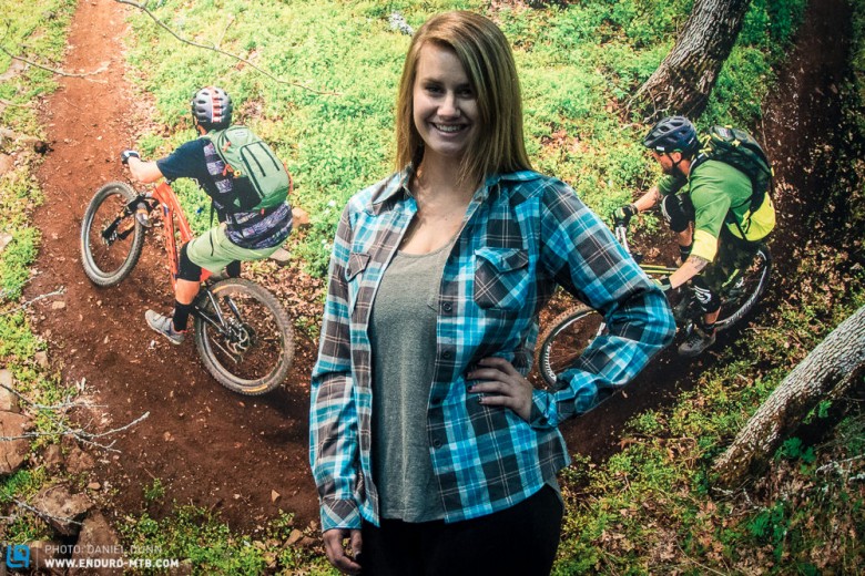 Jenna stepped away from the Dakine booth for a second to model the Cypress flannel. 