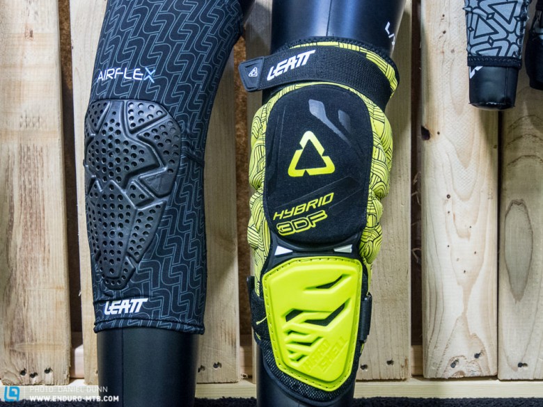 On the left, the Airflex Knee (and Elbow) Guards are one of the lightest guards on the market, weighting in at 110g and 100g respectively. Achieved by using a MoistureCool wicking sleeve and a super slim 6mm protector of impact hardening Armourgel, which make for a very light pad with exceptional mobility.For additional projection, on the right, Leatt also has several knee, elbow and knee & shin guards that use 3DF impact foam with deflecting hard shells for more gravity oriented riding.