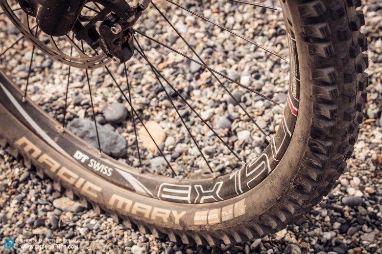 Yoanne was running Magic Mary front tyre and a Rock Razor rear for the trails of Finale Ligure.