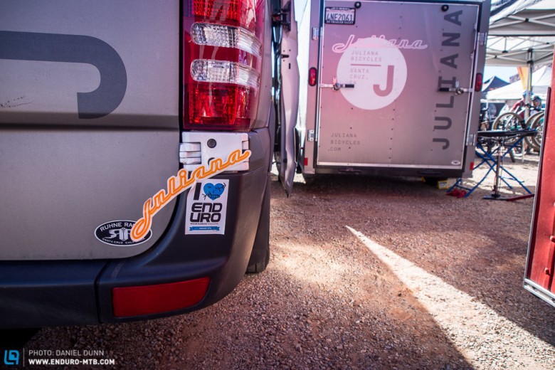 The Juliana demo van was tagged by an "I Love Enduro" sticker, but then Kathy Pruitt provide some fun art. 