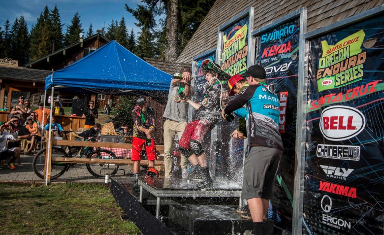 Charlie "ROBOT" Sponsel  gets the champagne showers for his first pro win at the Oregon Enduro Series.