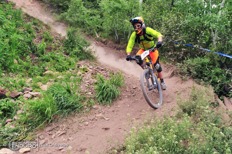 Racing mid-summer in Snowmass. Having just cleared the steepest, most technical part of the course, I felt gratifying relief. Photo: Nick Ontiveros, Big Mountain Enduro. 