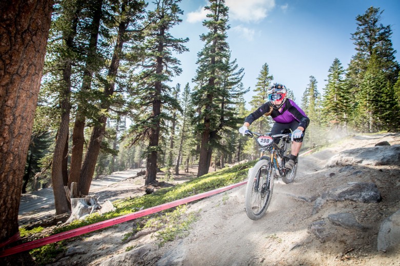 Amy Morrison (Mike’s Bikes) rips through Mammoth’s trademark kitty litter terrain. Morrison took 1st that day (plus 1st in the Dual Slalom the day before!), and 3rd overall for an impressive season. Photo: Called to Creation.