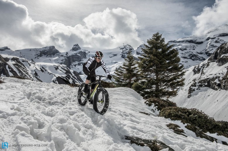 Fatbike tires provide additional float and grip on the soft snow.
