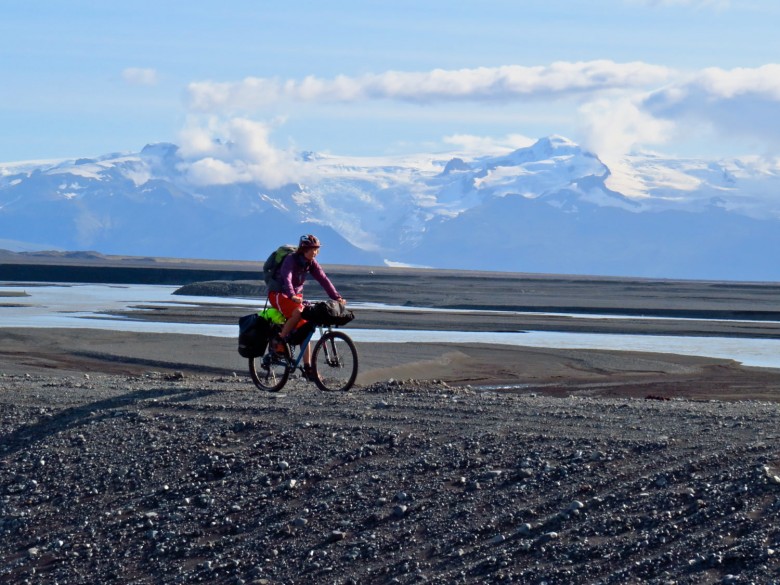 2.	Cruising the vast southern outwash plains beneath a blue sky and towering glaciers.