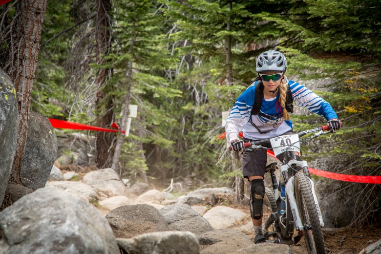 Rachel Throop (GT/SRAM/Kenda/Troy Lee Designs) charged the stage 3 rock garden to 2nd place on the pro women’s podium. Throop’s strong season ended with 5th place overall. Photo: Called to Creation.