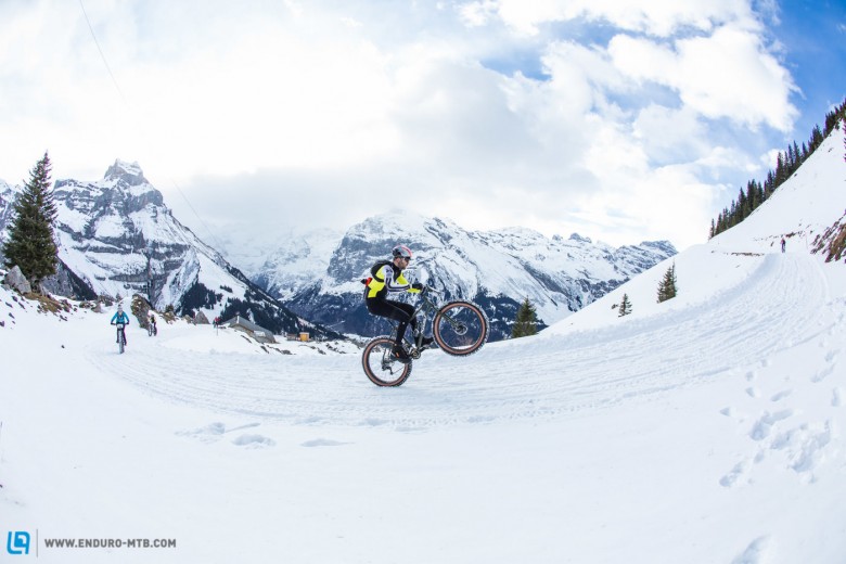 A rider enjoys his ride to the top during stage 2 and 3 of the first Snow Epic, the ascent and decent of Brunni Hütte near Engelberg, Foto: Snow Epic / Nick Muzik