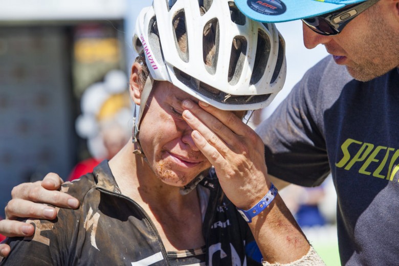 Ariane Kleinhans breaks down in tears as Bobby Behan tells her that they may have made up the time they lost in the stage 2 penalty.