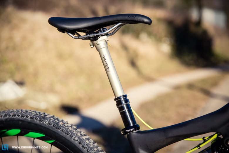 A Thomson Elite Dropper Post offers plenty  of room when the trails turn technical. 125mm is plenty of adjustment range for the fast French rider.
