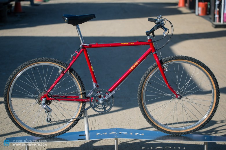 The 1986 Madrone Trail is a classic example of the early mountain bike with its rigid fork and one piece bar/stem.