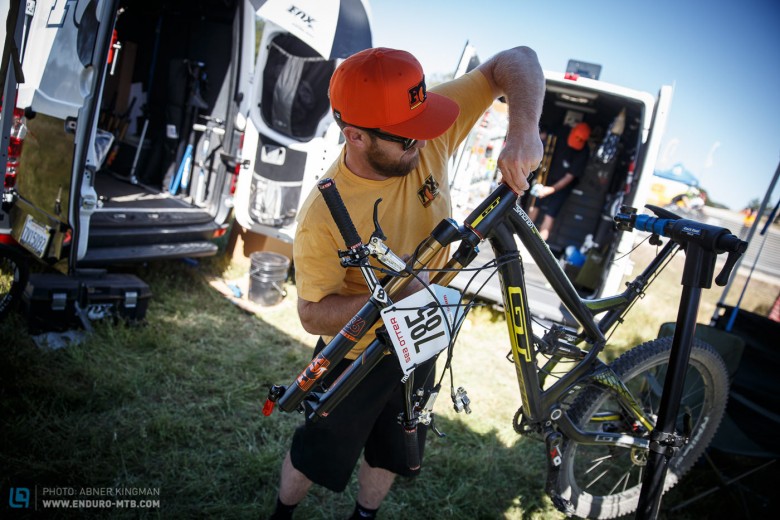 Fox Racing technician Louis Angeley installing a 2016 Fox 36 on my GT Sanction at Sea Otter