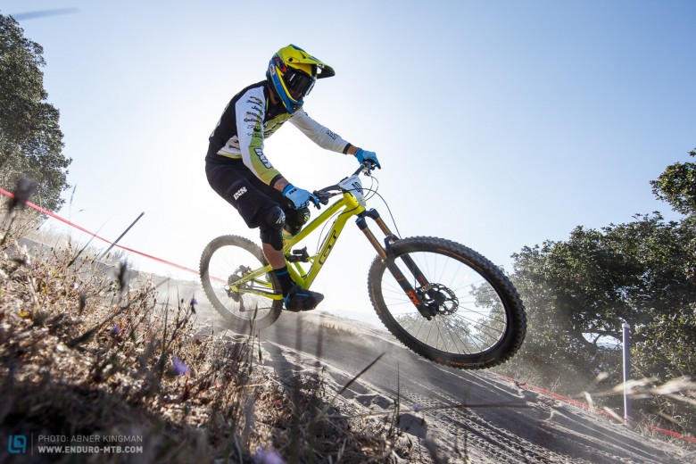 Dan Atherton practices for the downhill race at Sea Otter