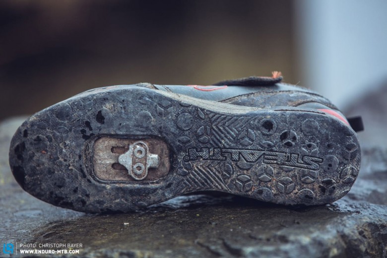 From one too many Alpine climbs off the bike, the sole has worn away a tad, but after two years of riding them everyday, could you expect anything more?