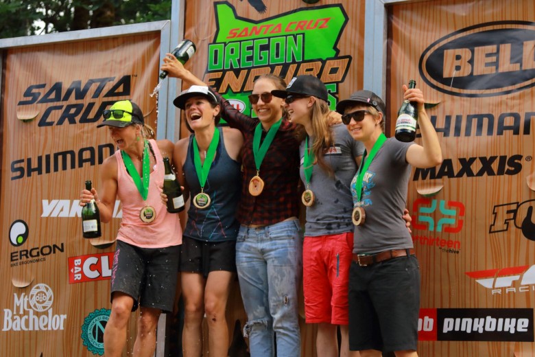 The pro women are always stoked to race. Andriane Lanthier (1rst), Kelli Emmett (2nd), Kim Russell (3rd), Jenny Konway (4th), and Rebekah Rottenberg (5th) 
