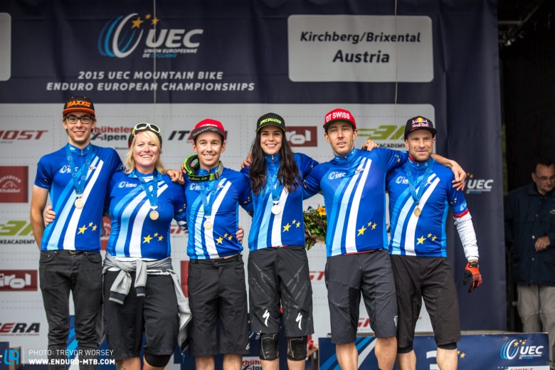 Our new enduro champions (left to right), Daniel Schemmel AUT , Antje Kramer GER , Jérôme Clementz FRA , Anneke Beerten NED , Remo Heutschi SUI and René Wildhaber SUI 
