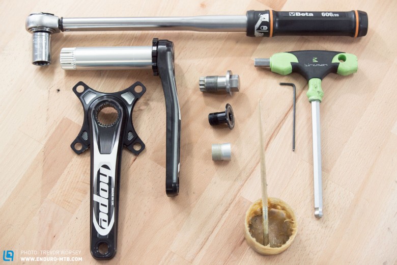 The tools for the job, 10 mm Allen key, 2.5 mm Allen key, 19 mm Torque wrench, grease, Hope Cranks and supplied assembly kit