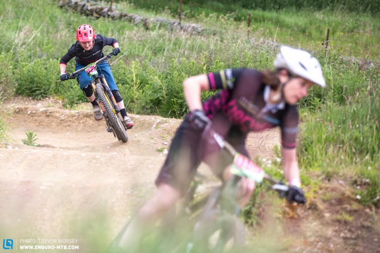 Dual slalom action at its best, Fiona chasing hard