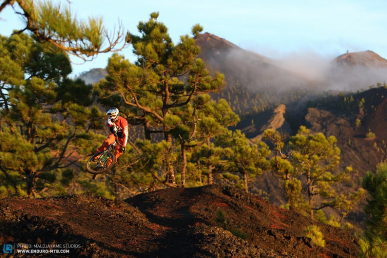 "Once there, enjoy the lava sand descent, which you’ll never want to end. At times, the terrain is hard­packed too.  There’s then a tough section of 3­4 km ahead before the fun pine forest trails take you down to Fuencalliente."