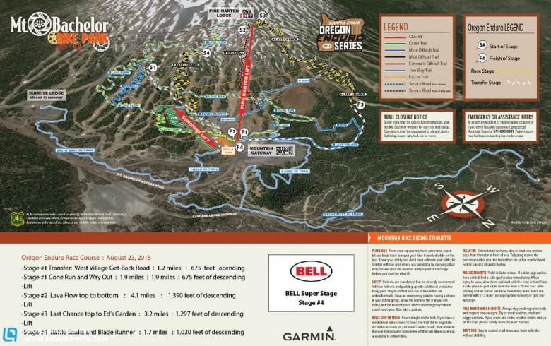 A map of Mt Bachelor and the Oregon Endure stages for the day.  Four stages with one pedaling climb and three lift-assist stages kept everything running smooth.