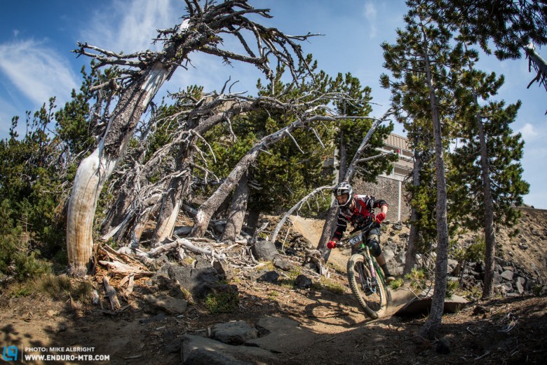 Another shot of Sam Markling, this time near the top of stage #3 - Last Chance.  The back side of Mt Bachelor is more rugged and steep as stages 1 and 2 and it includes these awesome trees that have endured many harsh winters at 2000m.