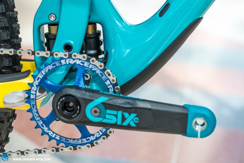 The bike features lots of colour matching, including a Race Face Next Carbon crank