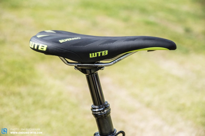 WTB Silverado Race saddle fitted to the stealth 125mm KS Lev, only the tallest of riders can run a 150mm dropper in this frame, due to the shock position.