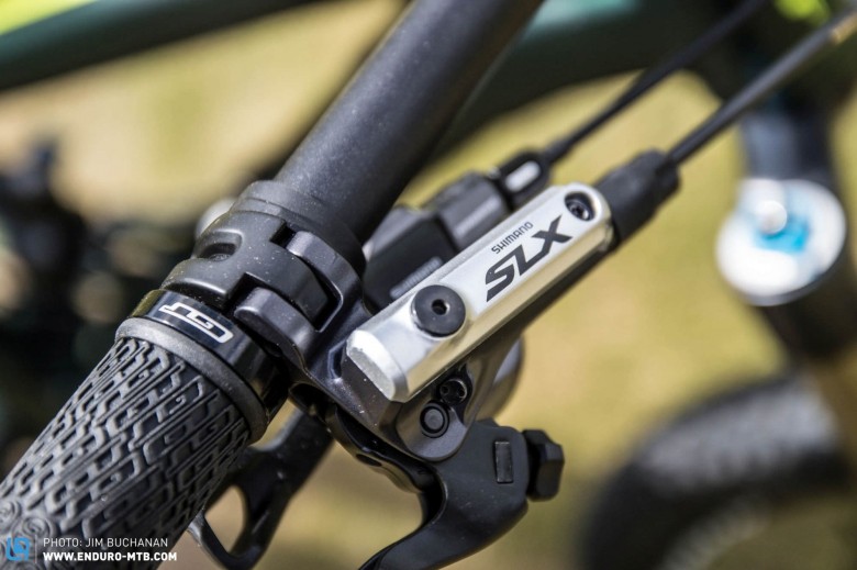Shimano SLX brakes, a safe bet for a middle model bike, effective and reliable.