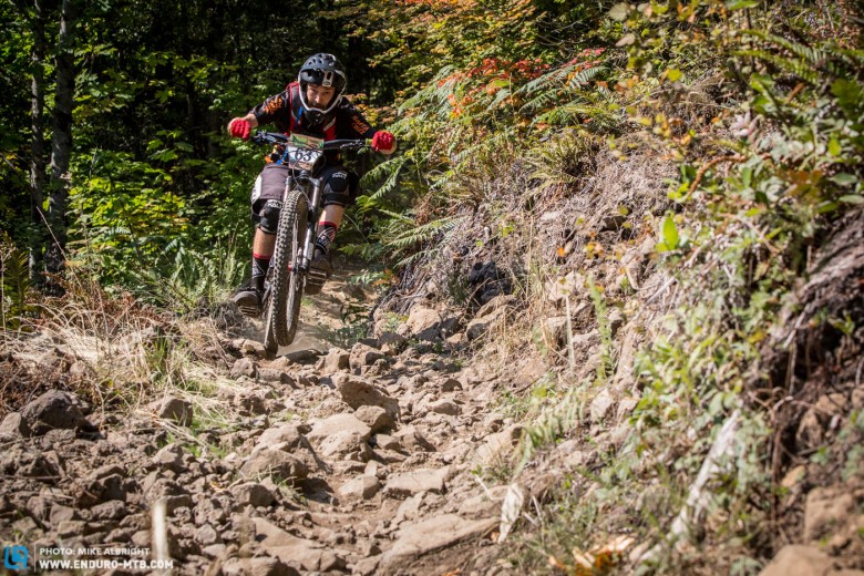 What Sandy Ridge lacks in epic vistas it makes up with fun, tight, rocky singletrack.  Sam Markling flying down stage #2. 