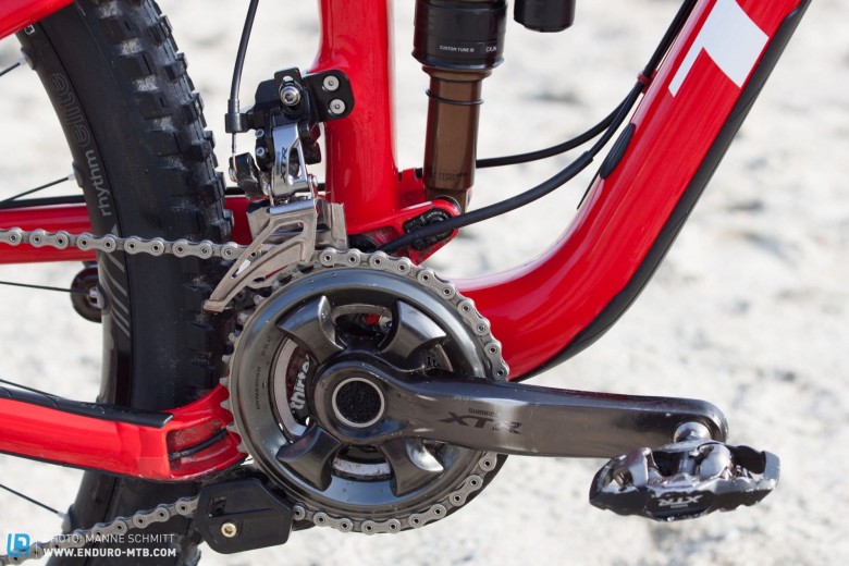 The front mech set up, with the E*13 TRs+ dual chain device for added security.  
