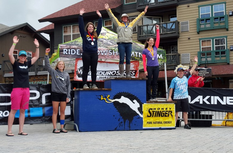 Snowshoe Enduro Women's podium. Scout 2nd from left in 4th overall.