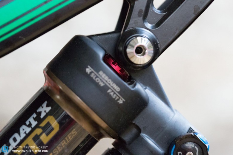 Poor Design: If you want to make quick adjustments to the Fox Float X CTD Rebound control you are out of luck. The shock mounts of many bikes now interfere with access to the dial and riders are forced to poke the dial round with a 4mm hex key. 