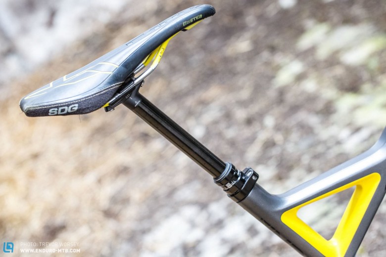 150mm Dropper: With a bike as low and aggressive as the Capra, it is great to see a 150mm dropper post. This maximises height adjustment for taller riders, and with a great standover height lets you get the seat right out of the way for the descents.