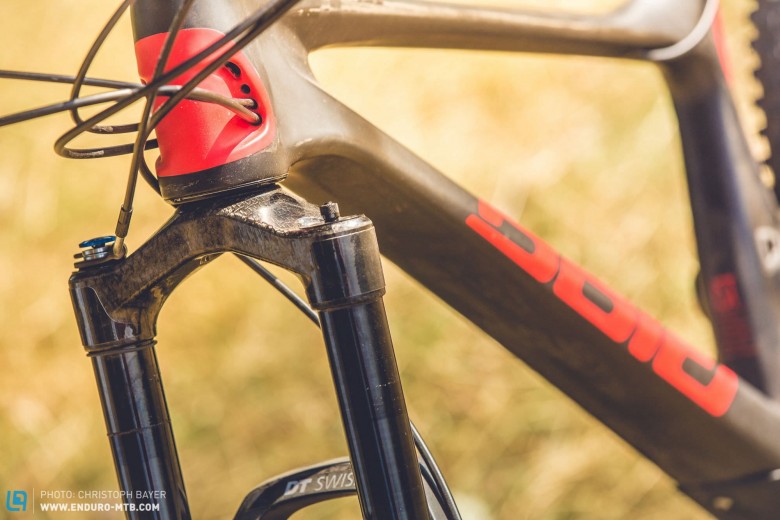 One of a kind: Created especially for our test, DT Swiss kitted out the 130 mm version of the ODL fork with the carbon crown that features on the 120 mm model. Saving weight without impacting performance = we like!